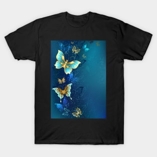 Golden Butterflies on Blue Background T-Shirt